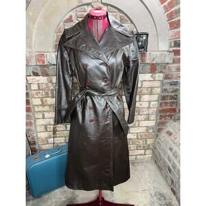 leather trench coat brown double breasted Vintage 1970s sz 7